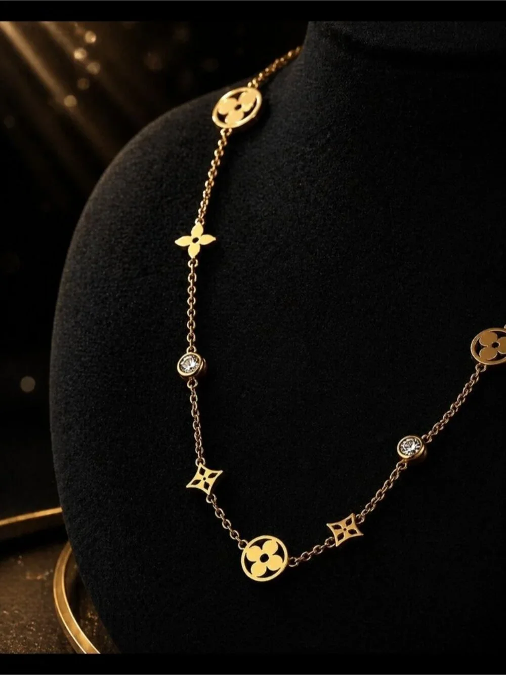 Gold Tone Floral Motif Station Necklace